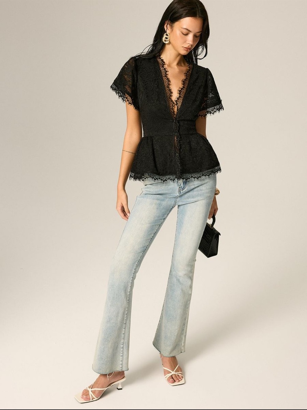 Commense Black Lace V-Neck Peplum Blouse